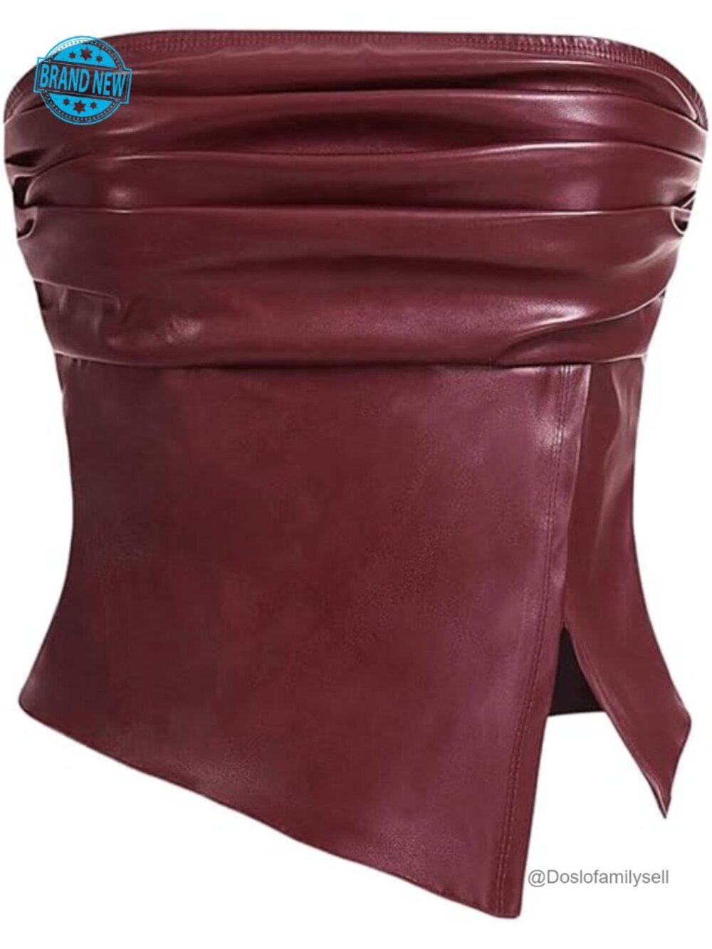 Faux Leather Strapless Bandeau Crop Tube Top Ruched Split Club Shirt